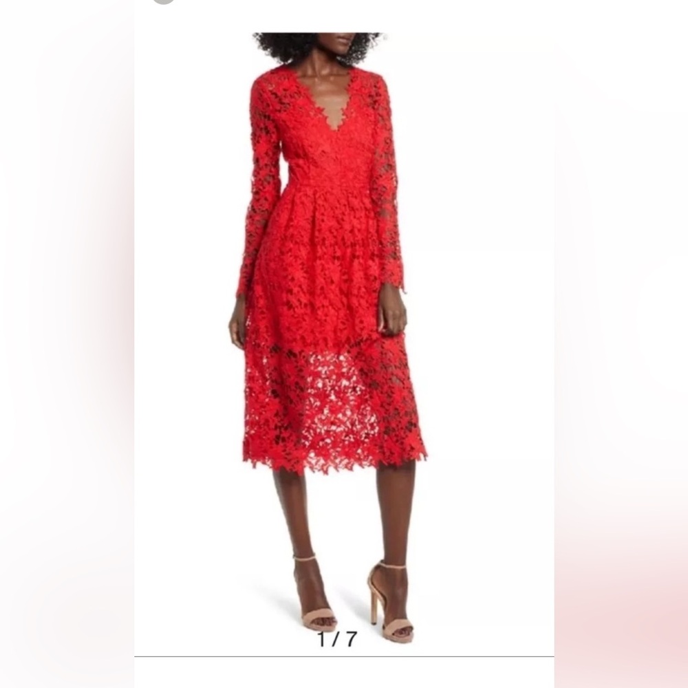 Astr The Label Red Lace Long Sleeve Midi Dress